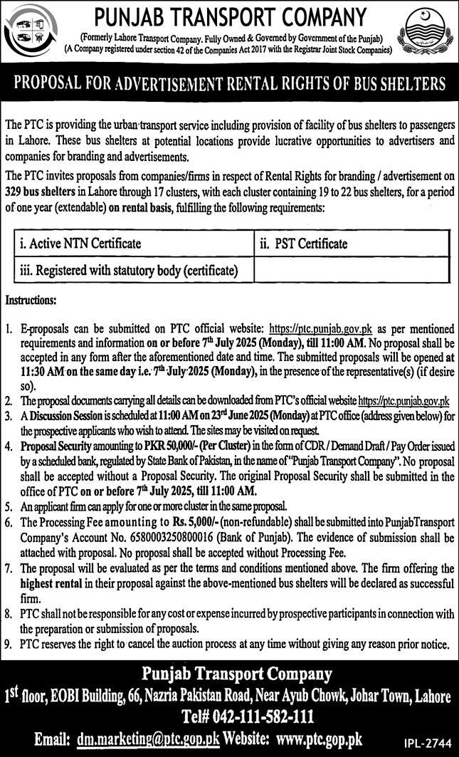 Punjab Transport Company Lahore Tender Notice